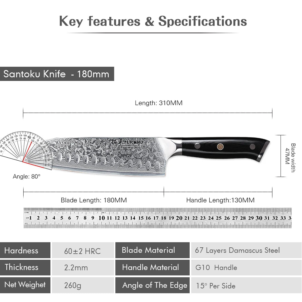 Santoku Chefmes 18 cm – 67 Lagen Damascus Staal, Japans